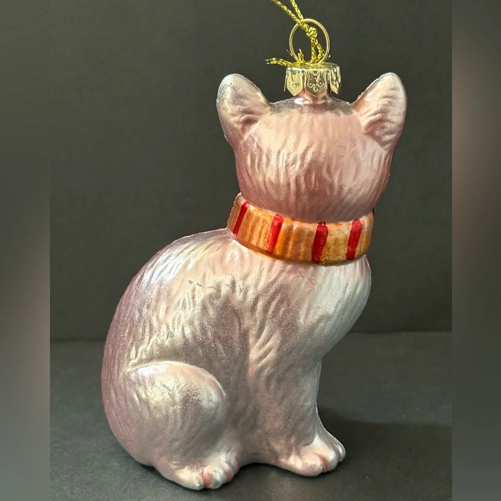 Elegant Pink Iridescent Feline Cat Striped Scarf Blown Glass Ornament Home Decor